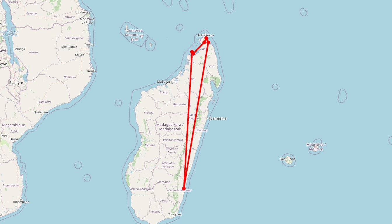 Carte de l'itinéraire du circuit Circuit Robinsons des mers du Sud en Madagascar