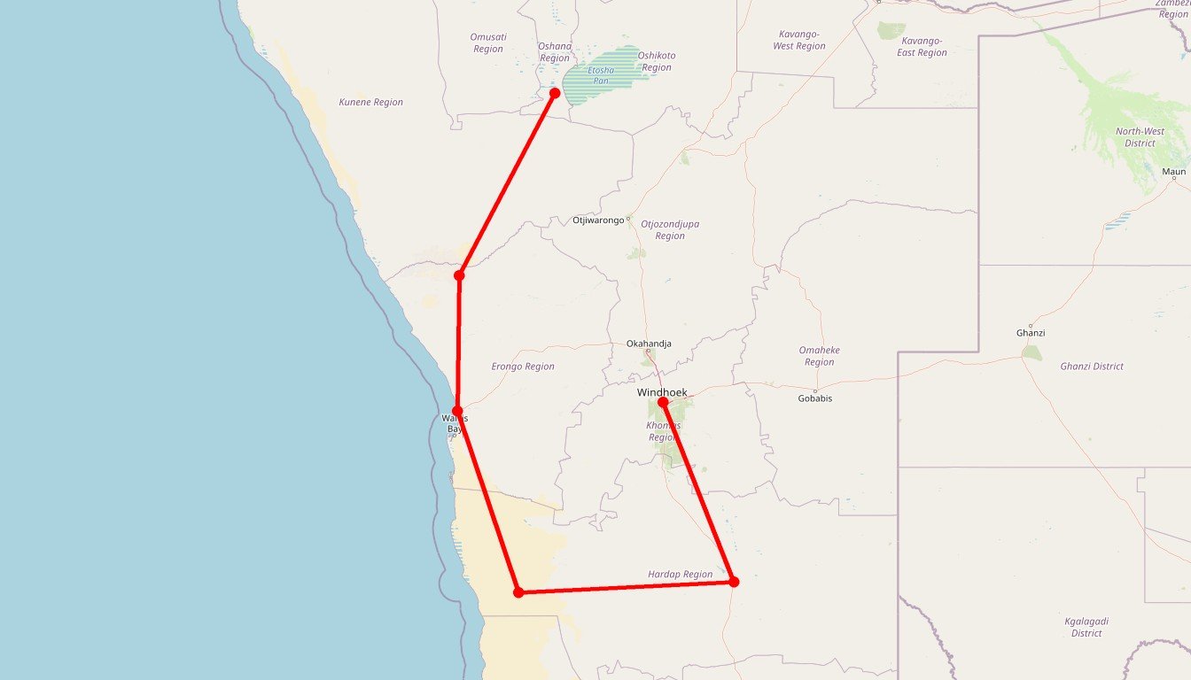 Carte de l'itinéraire du circuit Circuit Nomade's land ! en Namibie