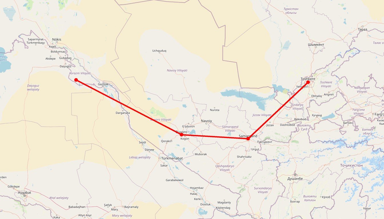 Carte de l'itinéraire du circuit Circuit Ouzbékistan en Ouzbékistan
