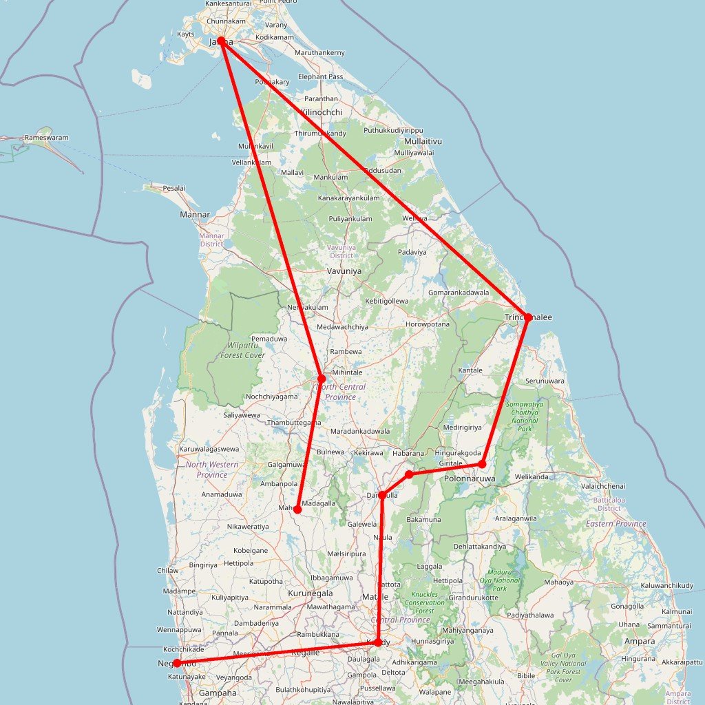 Carte de l'itinéraire du circuit Sri Lanka - Merveilles du Nord en Sri Lanka