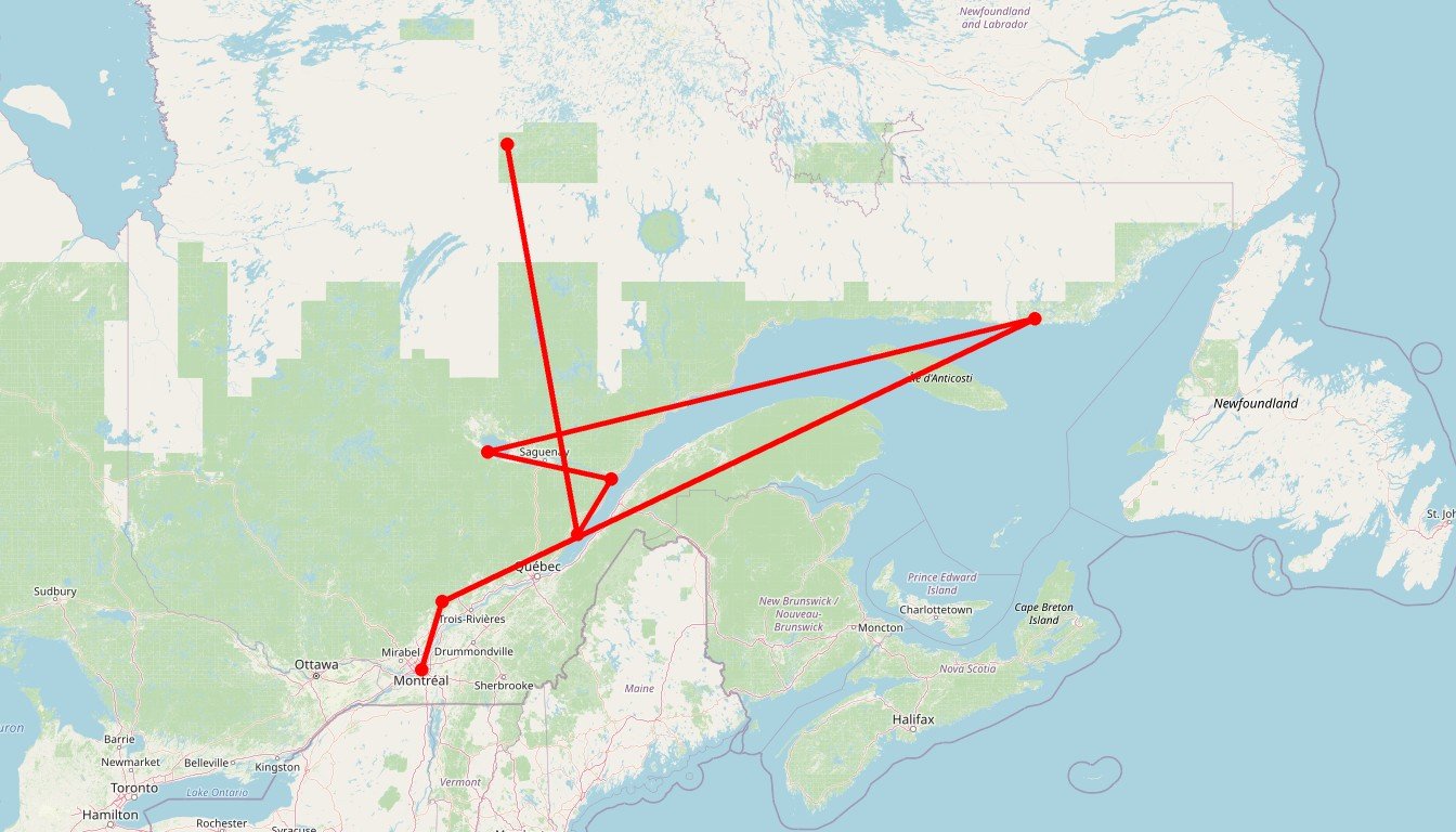 Carte de l'itinéraire du circuit Circuit Plus d’un tour dans le Tadoussac en Canada