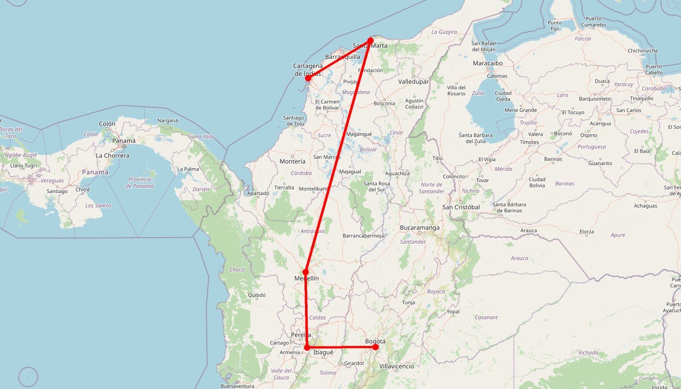 Carte de l'itinéraire du circuit Circuit Couleurs café en Colombie