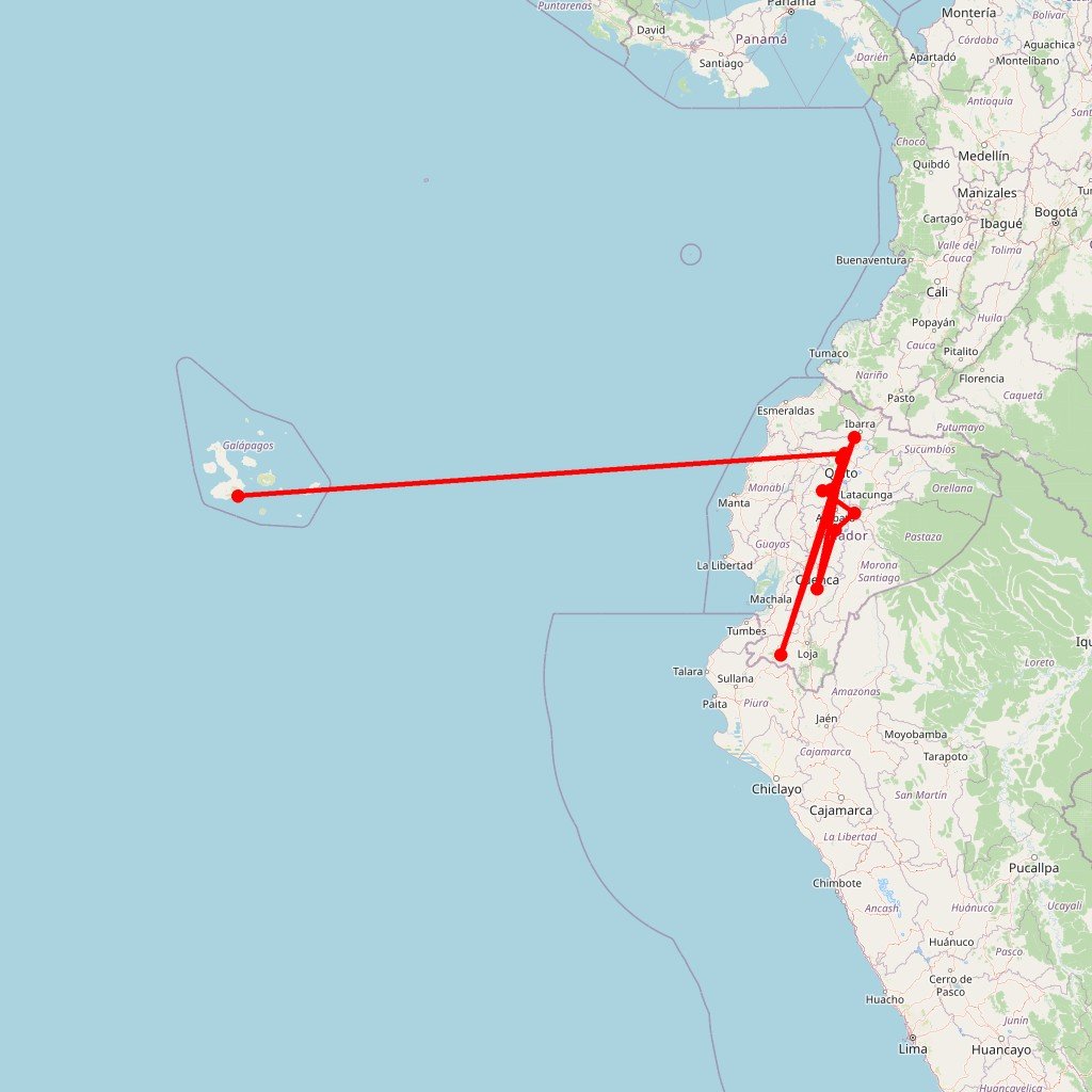 Carte de l'itinéraire du circuit Des Andes à l'Amazonie en Équateur