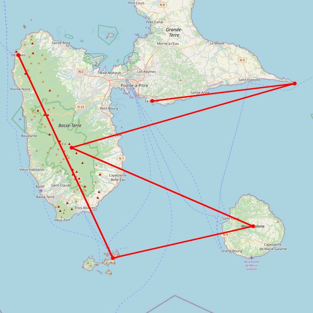 Carte de l'itinéraire du circuit Tous les chemins mènent au rhum en Guadeloupe
