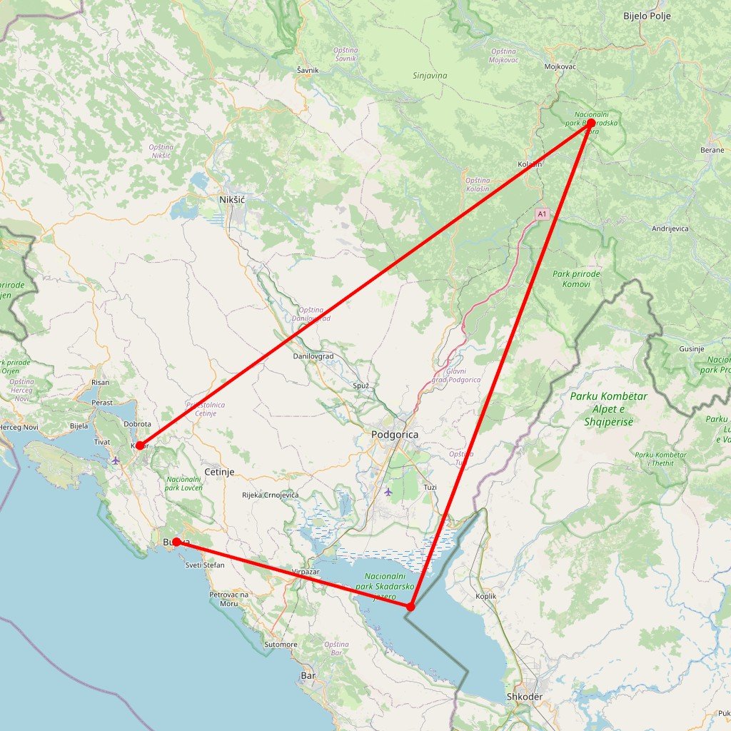 Carte de l'itinéraire du circuit Montenegro en Monténégro