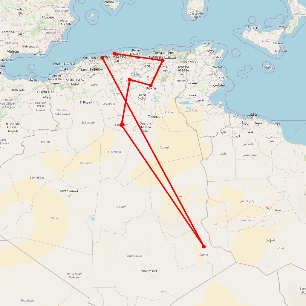 Carte de l'itinéraire du circuit Du Constantinois aux Dunes et Oasis du Sahara en Algérie
