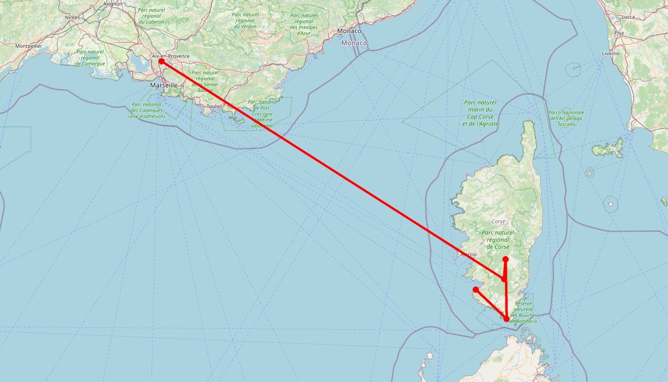 Carte de l'itinéraire du circuit Circuit Trésors du sud en France