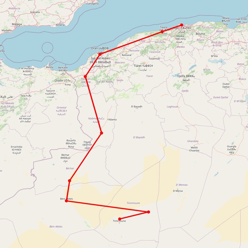 Carte de l'itinéraire du circuit De l’Oranie aux Oasis rouges du sud-ouest en Algérie