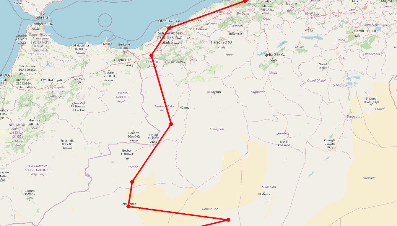 Carte de l'itinéraire du circuit Circuit De l’Oranie aux Oasis rouges du sud-ouest en Algérie