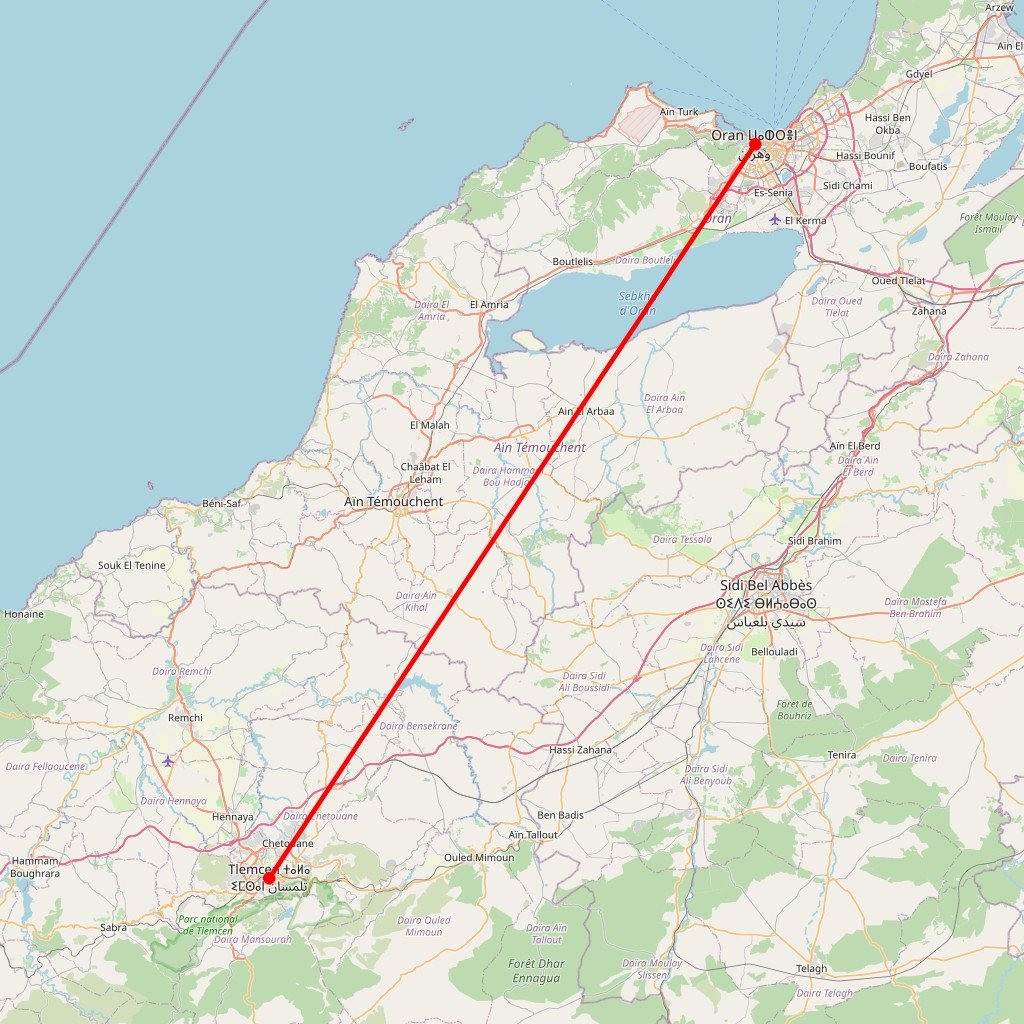 Carte de l'itinéraire du circuit Voyage en Algérie d’Oran à Tlemcen : perles arabo-andalouses en Algérie