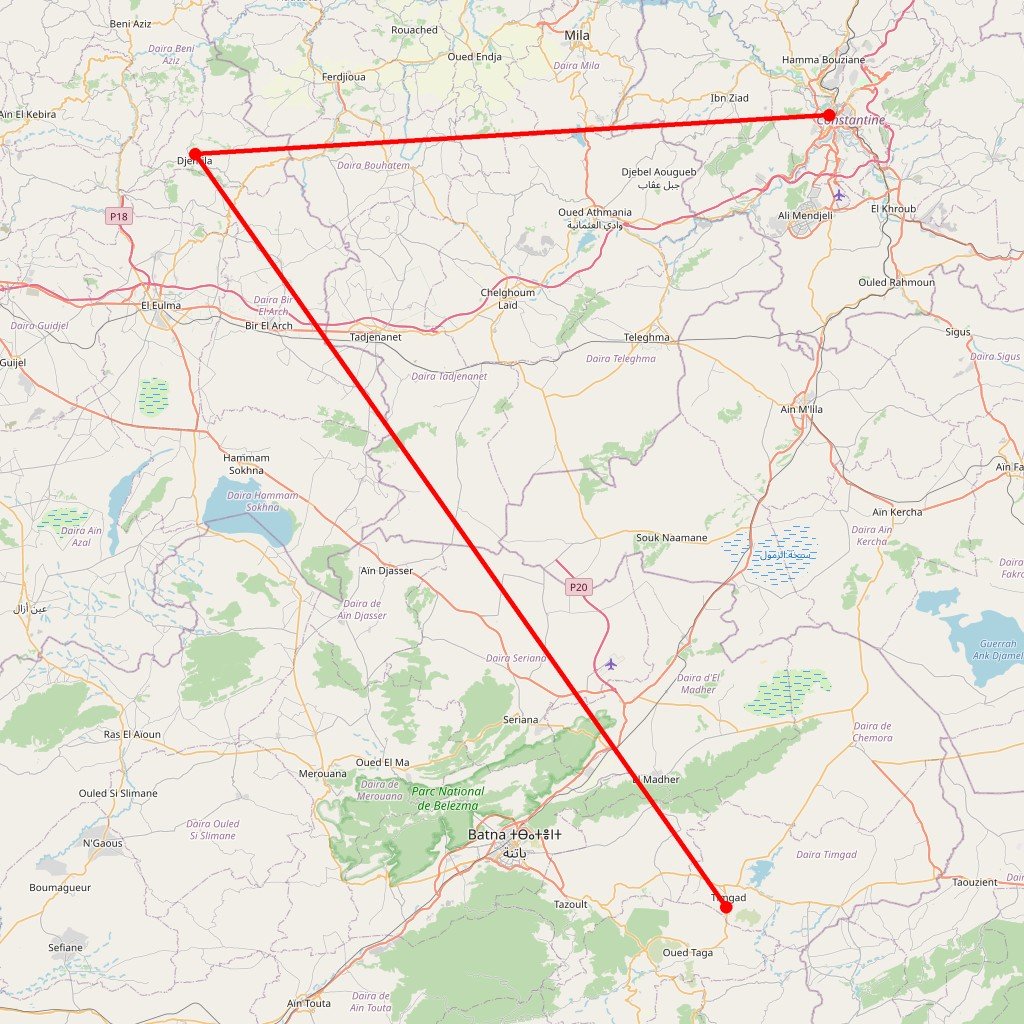 Carte de l'itinéraire du circuit Constantine et ruines romaines Timgad, Djemila en Algérie