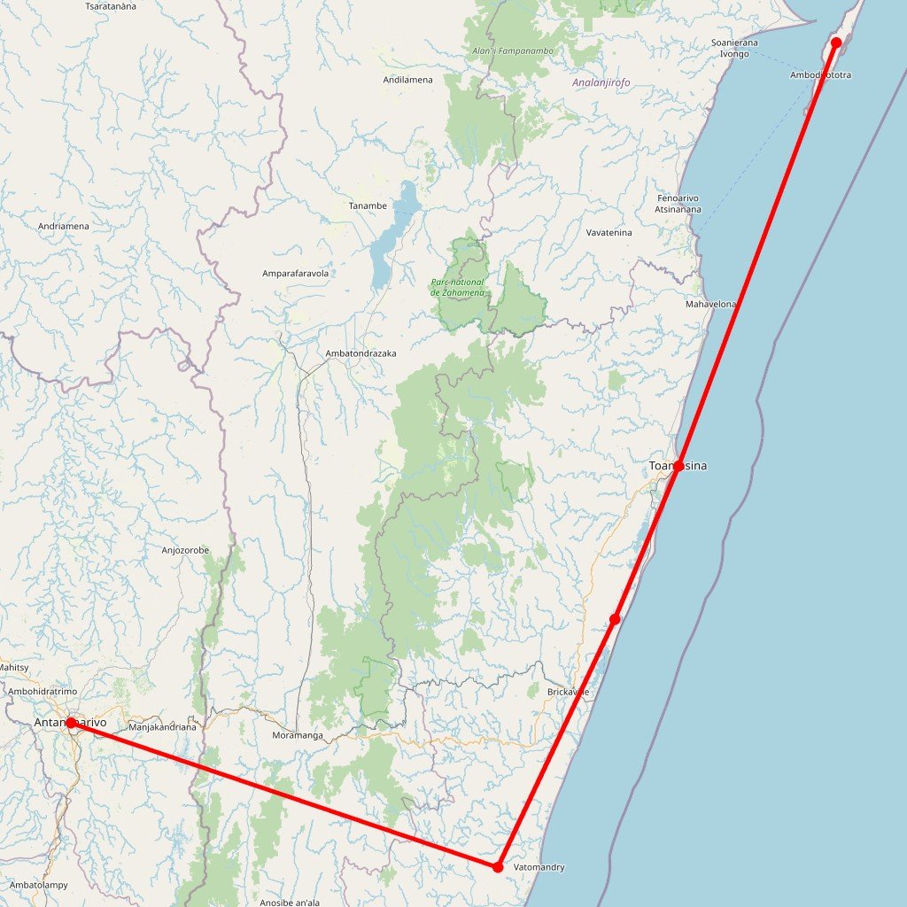 Carte de l'itinéraire du autotour Malgache : la liberté en 404 en Madagascar