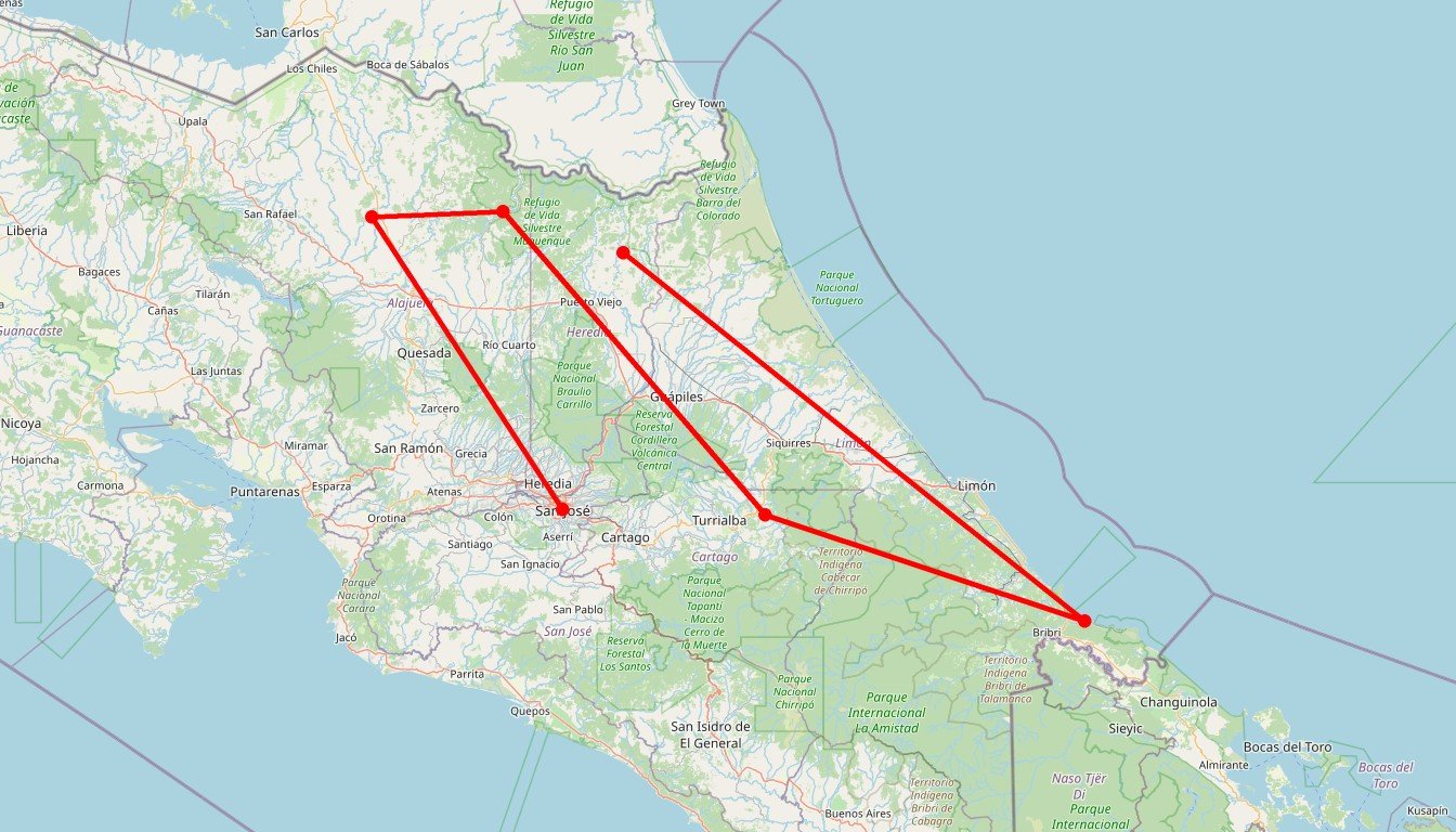 Carte de l'itinéraire du circuit Autotour Costa Rica en famille en Costa Rica