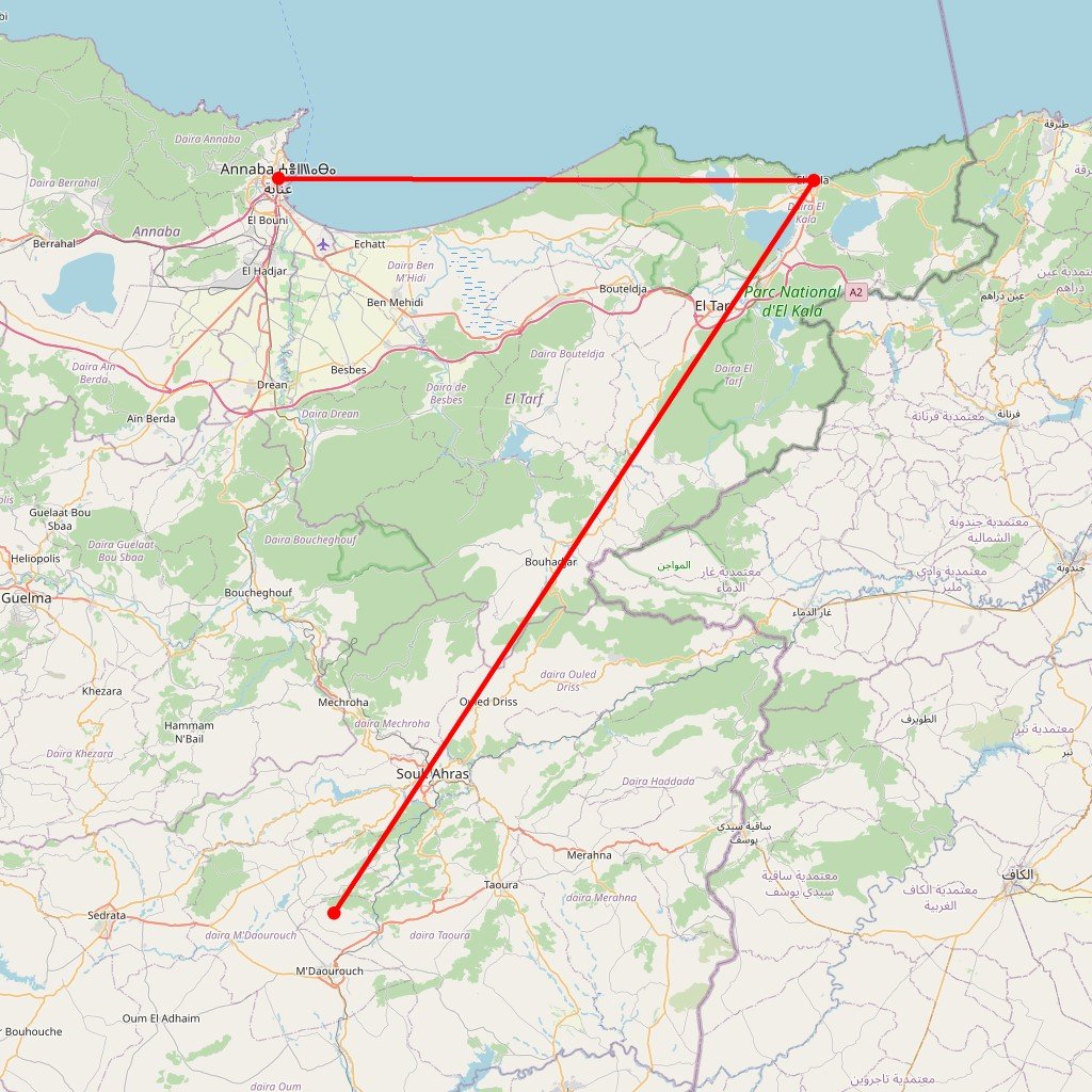Carte de l'itinéraire du circuit Annaba, Souk Ahras et El Kala en Algérie
