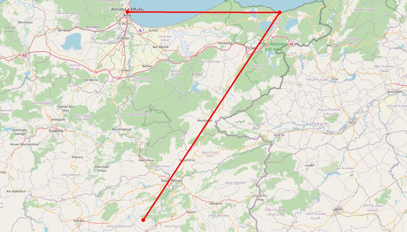 Carte de l'itinéraire du circuit Circuit Annaba, Souk Ahras et El Kala en Algérie