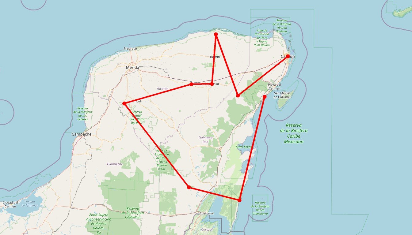 Carte de l'itinéraire du circuit Autotour chez les Mayas en Mexique