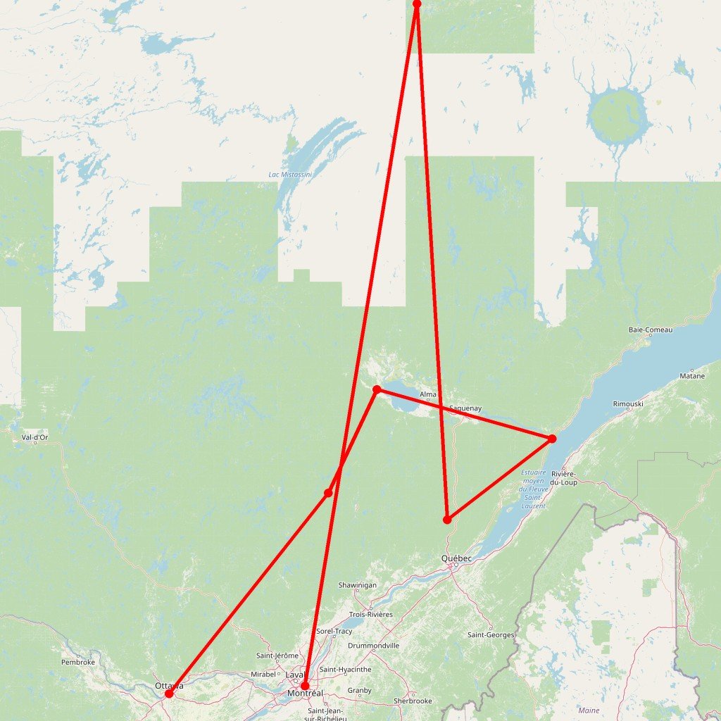 Carte de l'itinéraire du autotour en famille au Québec en Canada
