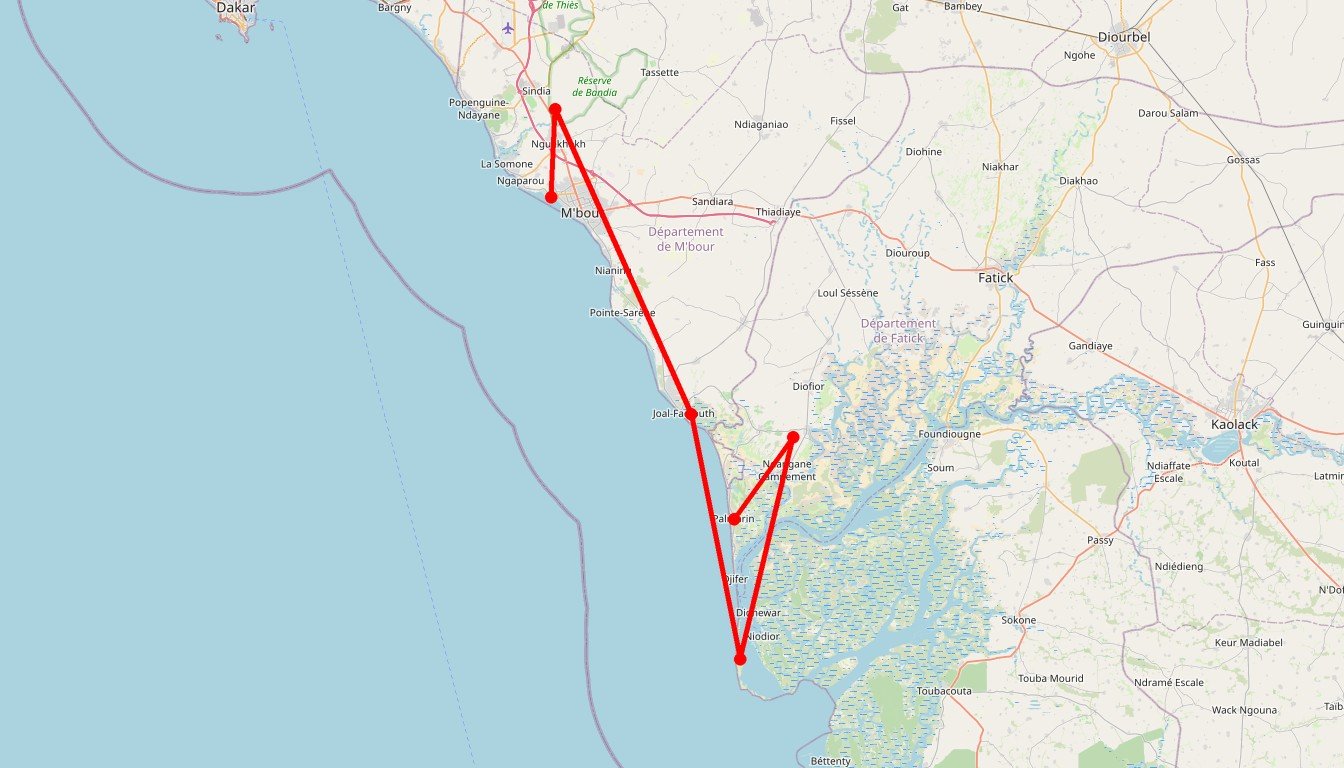 Carte de l'itinéraire du circuit Autotour Des souvenirs à volonté en Sénégal