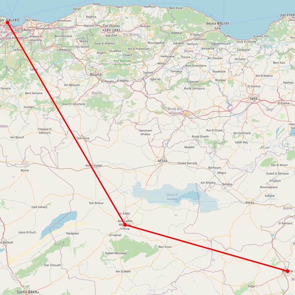 Carte de l'itinéraire du circuit Biskra et Bou Saada, Portes du Sahara en Algérie
