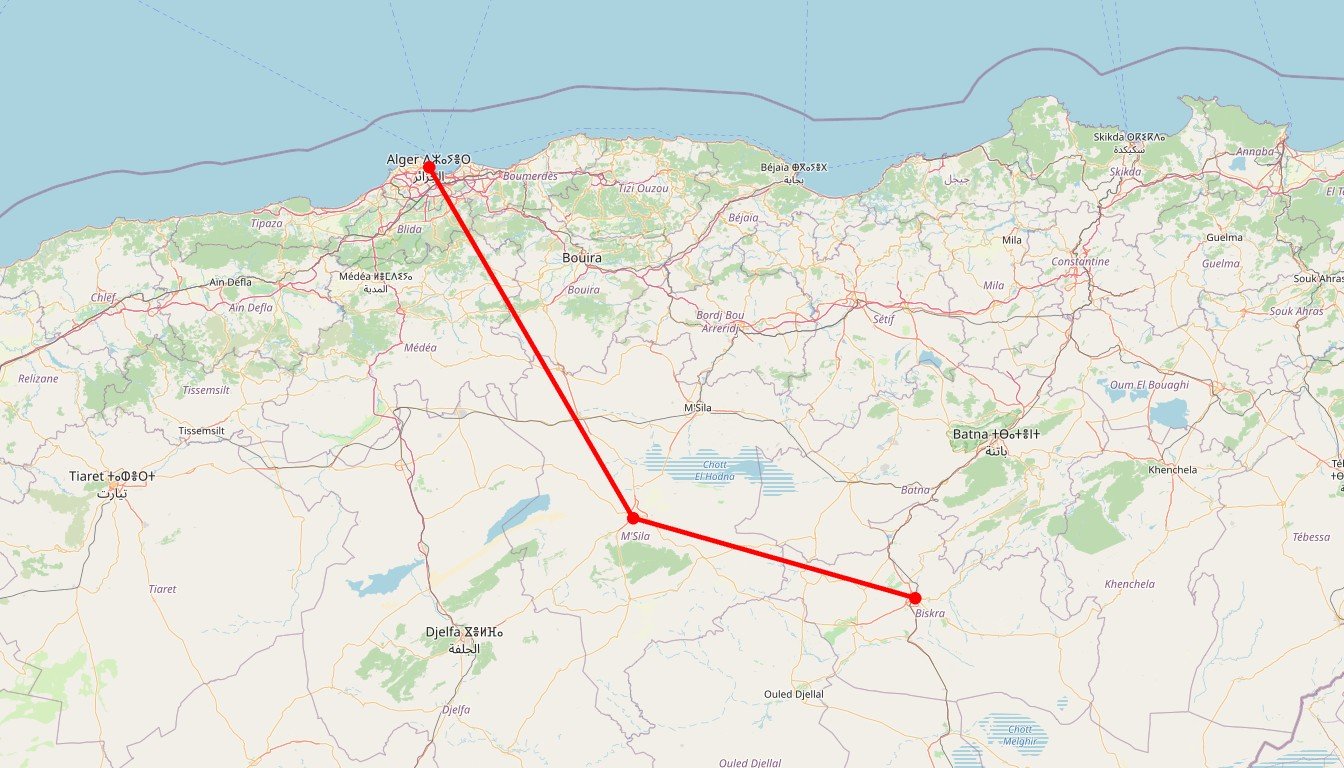 Carte de l'itinéraire du circuit Circuit Biskra et Bou Saada, Portes du Sahara en Algérie