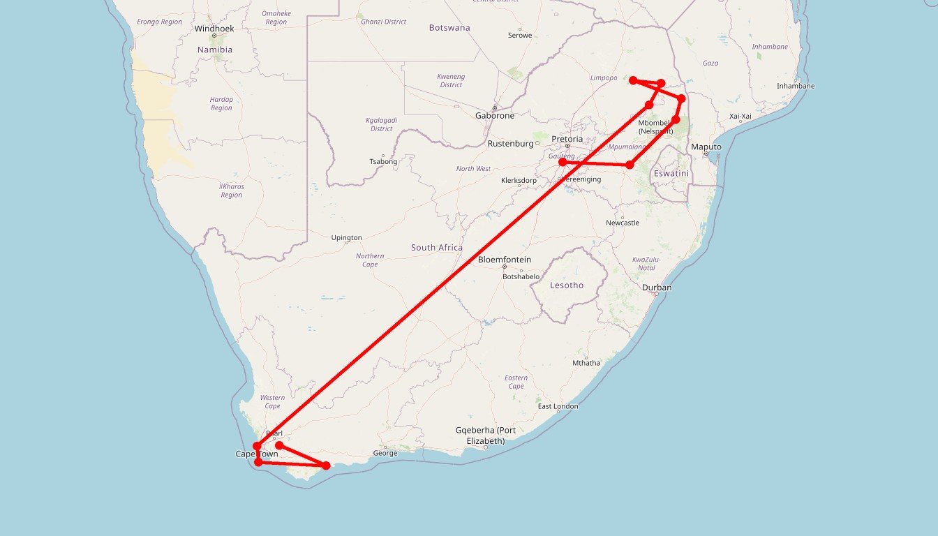 Carte de l'itinéraire du circuit Circuit sud-africain : 15 jours d'aventure du Kruger au Cap via le Blyde River Canyon en Afrique du Sud