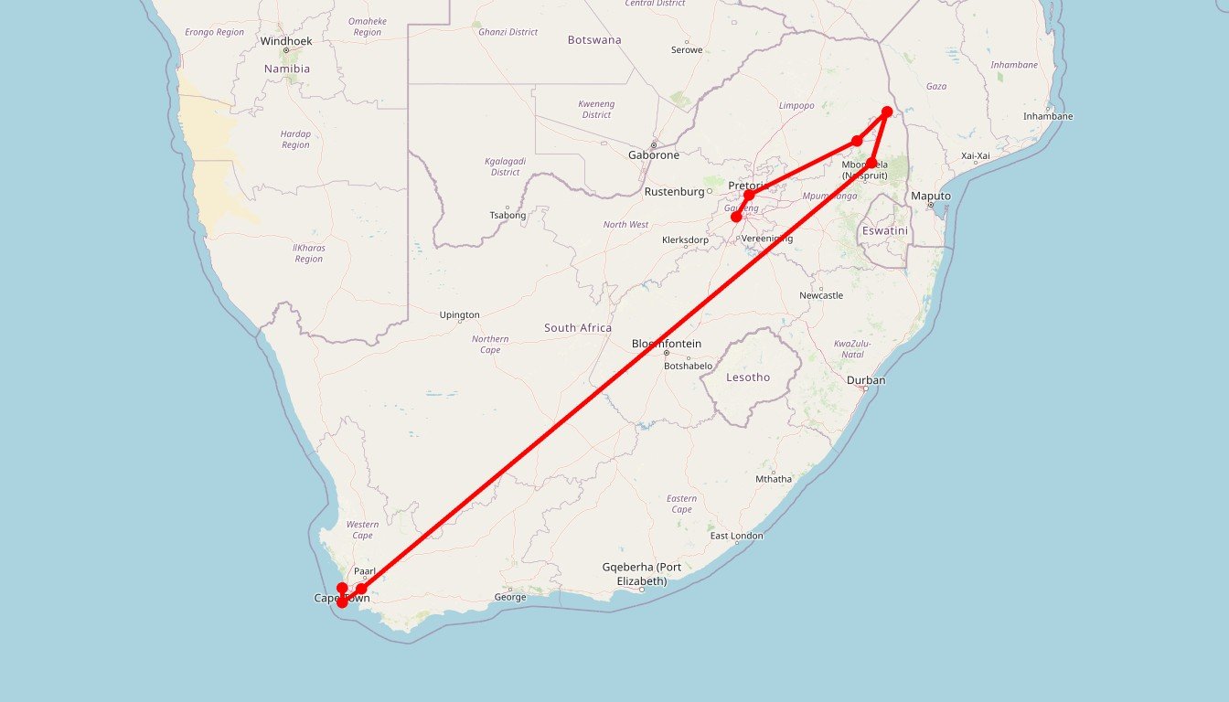 Carte de l'itinéraire du circuit Circuit Saveurs et safaris en Afrique du Sud : itinéraire captivant de Cape Town à Johannesburg en Afrique du Sud