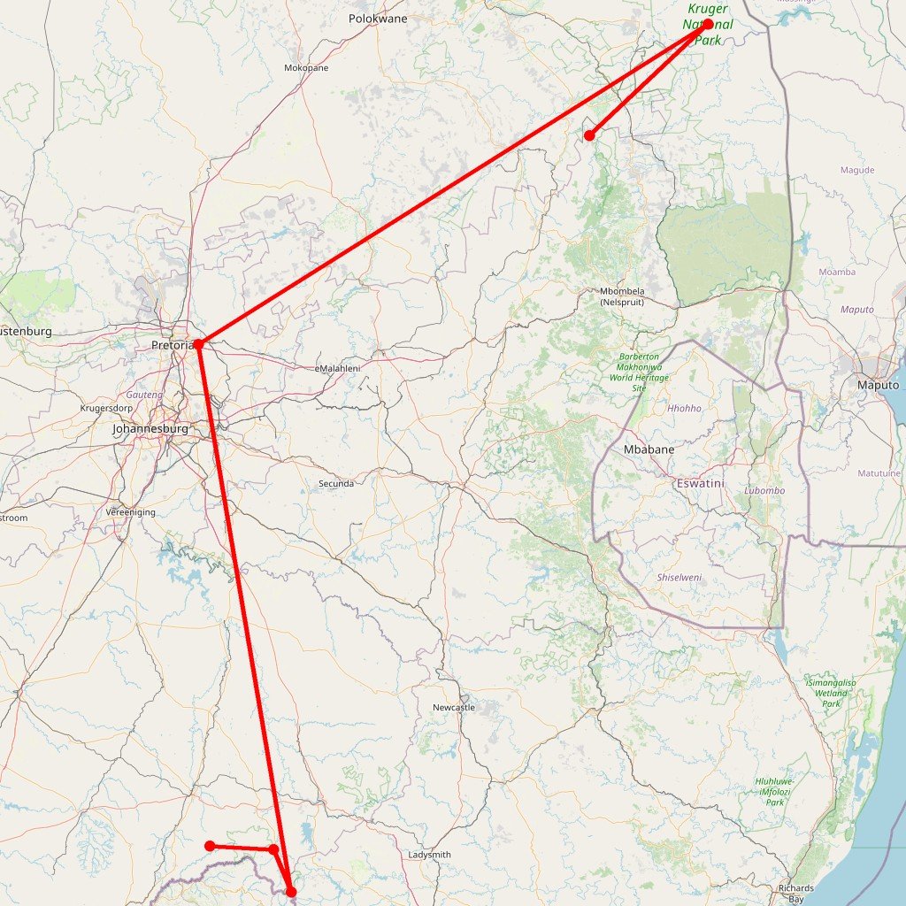 Carte de l'itinéraire du circuit Aventure ethnique et panoramas spectaculaires: Drakensberg, trek au Lesotho et safaris Kruger en Afrique du Sud