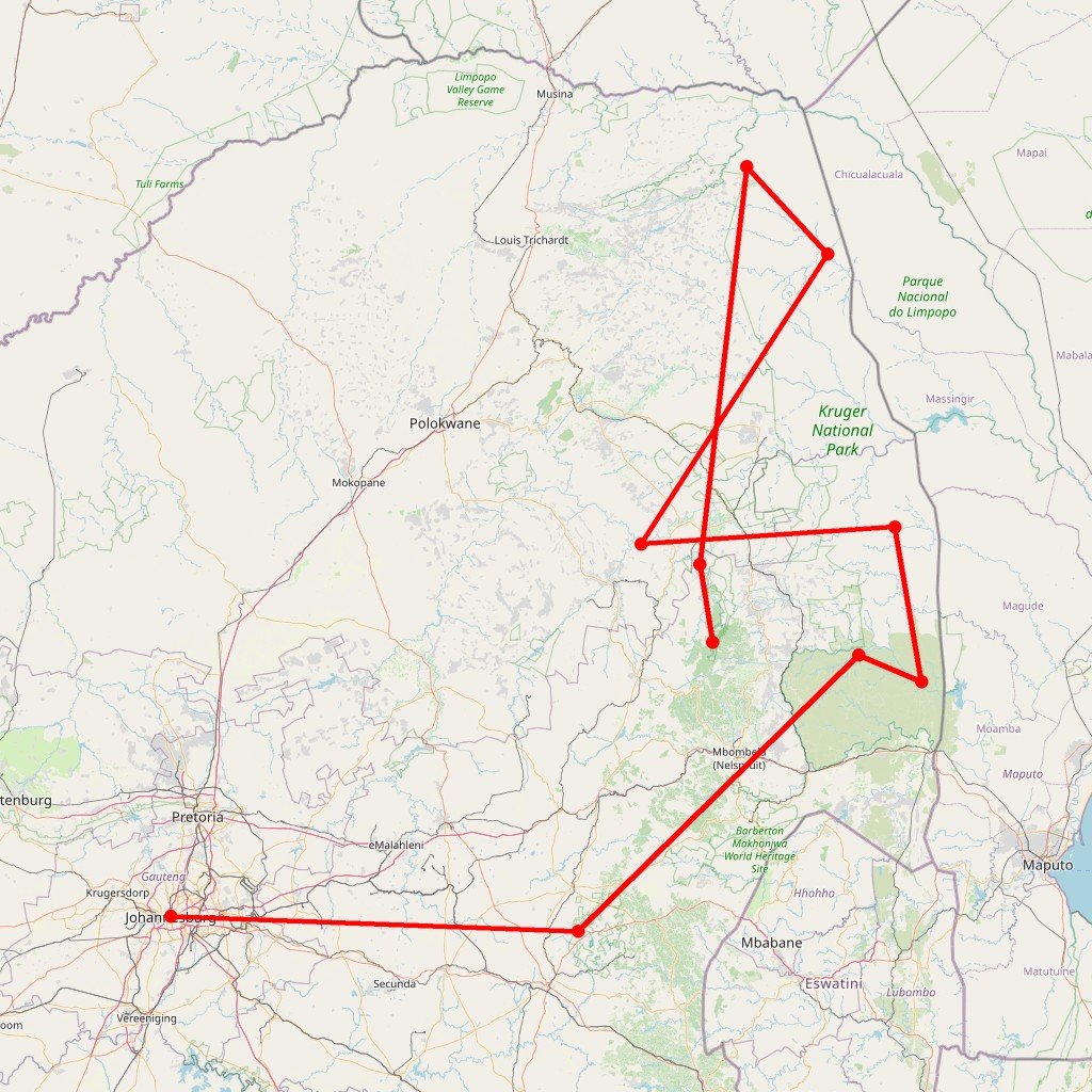 Carte de l'itinéraire du safari en Afrique du Sud : traversée sud-nord du Kruger en 4x4 avec tente de toit et nuits en pleine brousse en Afrique du Sud