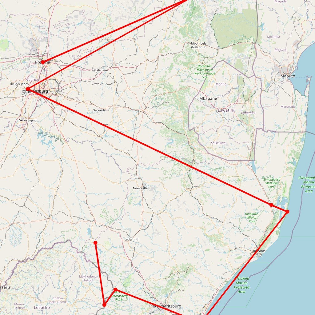 Carte de l'itinéraire du safari Aventure des Big Five et panoramas luxuriants: Kruger, Blyde Canyon, Drakensberg et les royaumes d'Eswatini et du Lesotho en Afrique du Sud