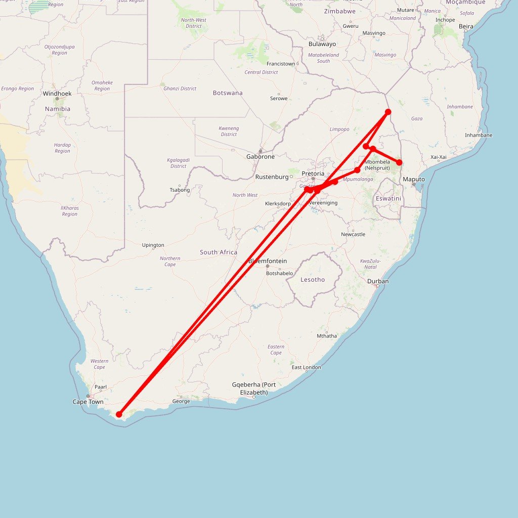 Carte de l'itinéraire du safari Aventure 4x4: Kruger à Chobe et Chutes Victoria, traversée du Zimbabwe en autotour en Afrique du Sud