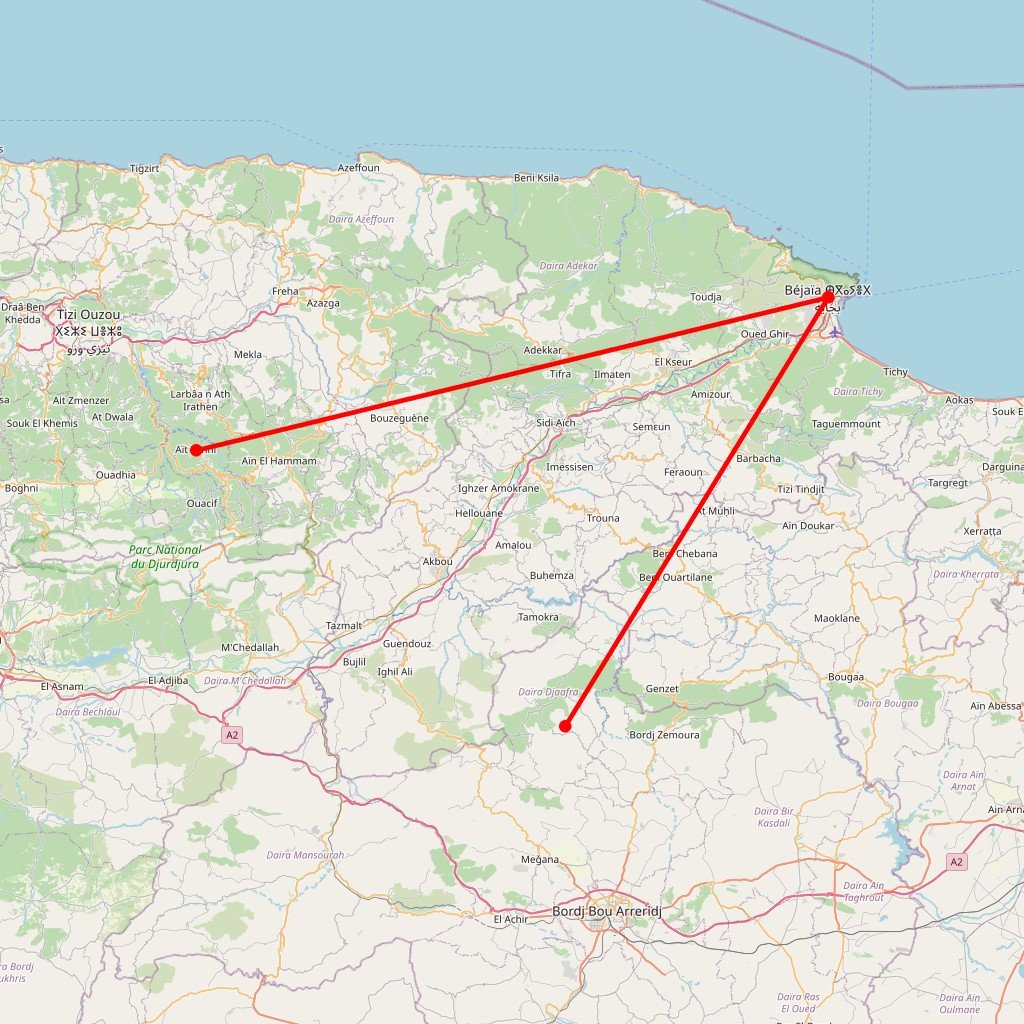 Carte de l'itinéraire du circuit La Kabylie montagneuse, de Béjaïa à Tizi Ouzou en Algérie