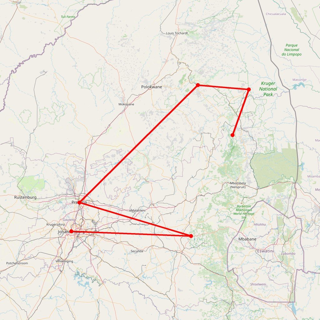 Carte de l'itinéraire du safari autonome dans le Kruger et le Blyde Canyon en 4x4 avec tente sur le toit en Afrique du Sud