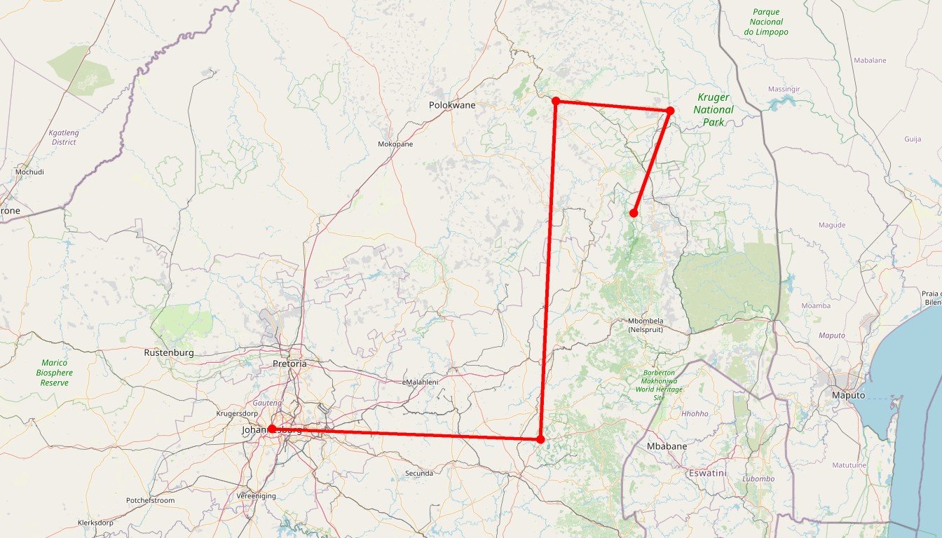 Carte de l'itinéraire du circuit Safari autonome dans le Kruger et le Blyde Canyon en 4x4 avec tente sur le toit en Afrique du Sud