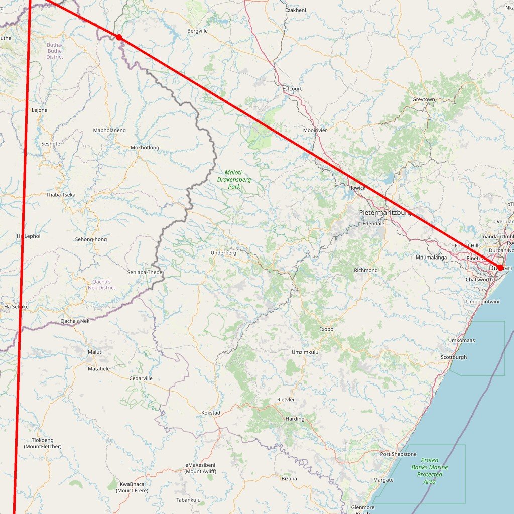 Carte de l'itinéraire du circuit Traverse Drakensberg vers Wild Coast: aventure, culture Basotho et Xhosa en Afrique du Sud