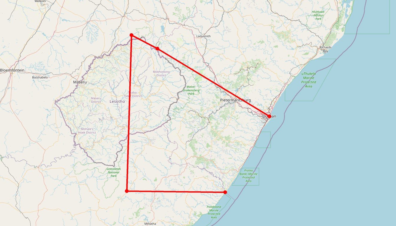 Carte de l'itinéraire du circuit Circuit Traverse Drakensberg vers Wild Coast: aventure, culture Basotho et Xhosa en Afrique du Sud