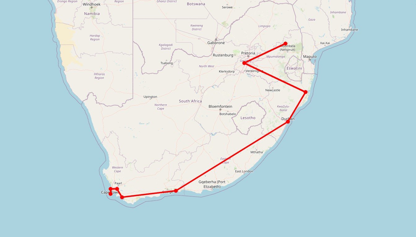 Carte de l'itinéraire du circuit Circuit Essentiel de l'Afrique du Sud : safaris, sites incontournables et immersion en Eswatini en Afrique du Sud