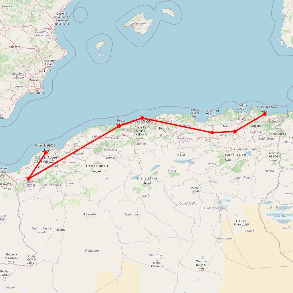 Carte de l'itinéraire du autotour sur la côte méditerranéenne d’ouest en est en Algérie