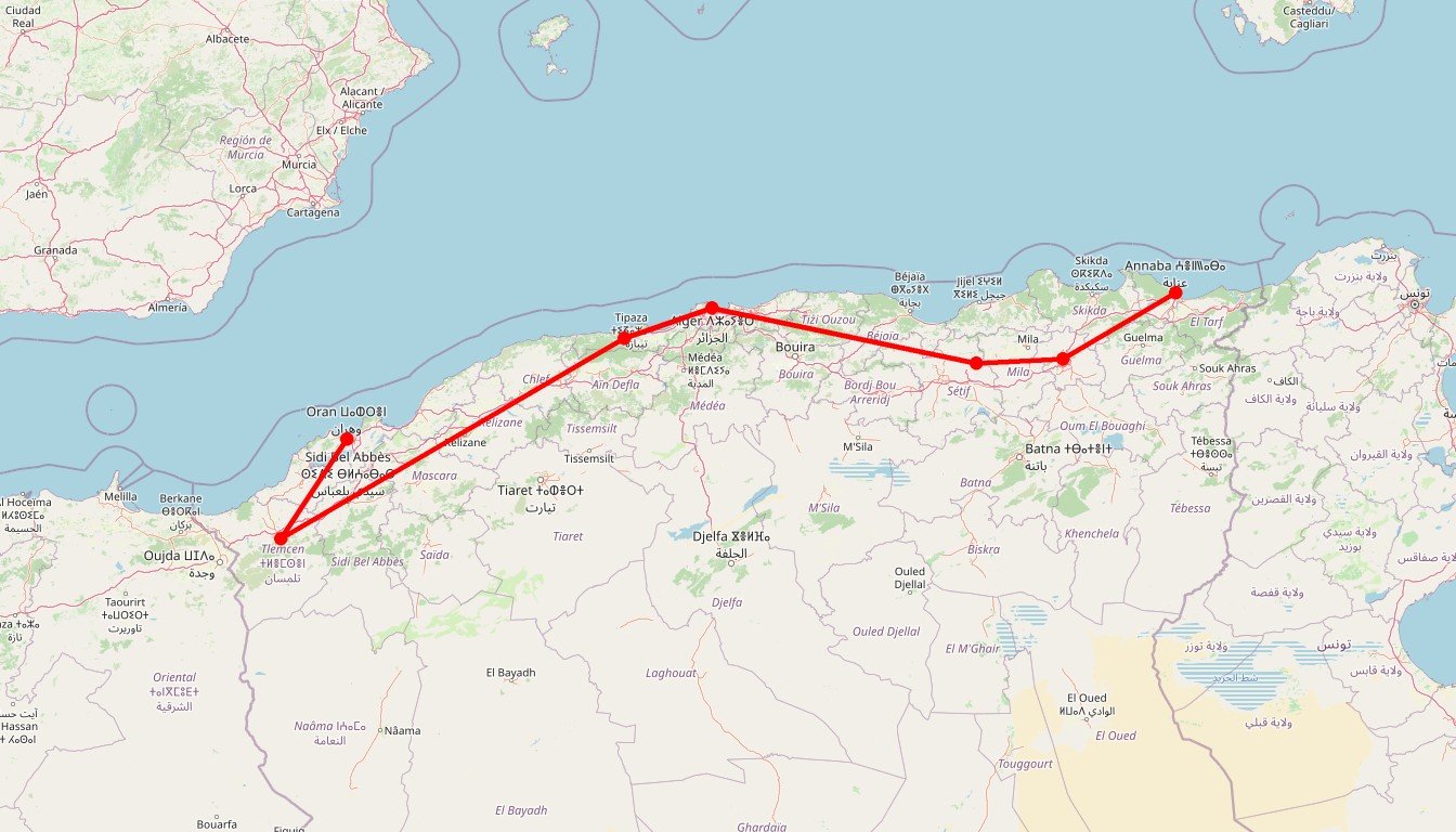 Carte de l'itinéraire du circuit Autotour sur la côte méditerranéenne d’ouest en est en Algérie