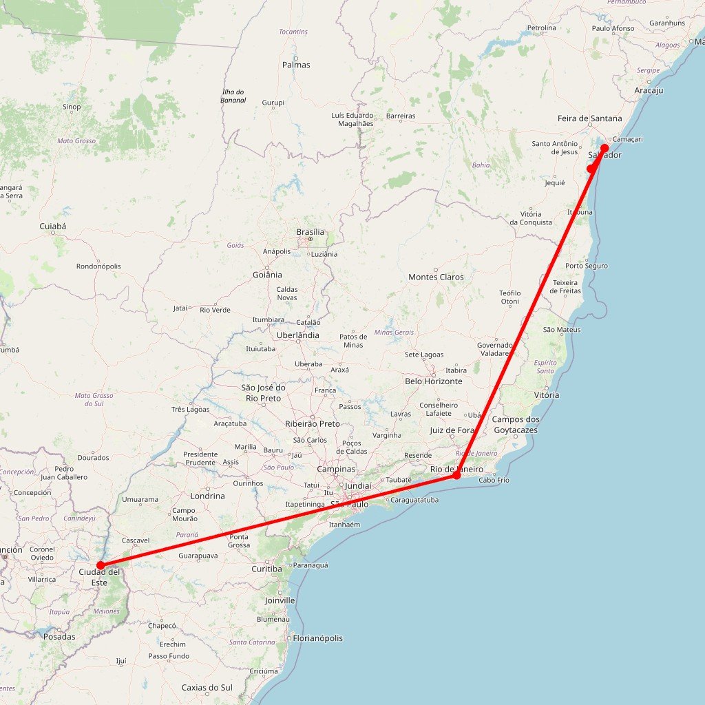 Carte de l'itinéraire du circuit des incontournables au Brésil des chutes d’Iguazu à l’île de Boipeba en passant par Rio de Janeiro et Salvador de Bahia en Brésil