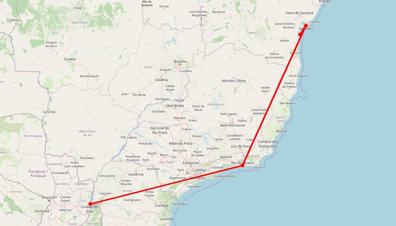 Carte de l'itinéraire du circuit Circuit des incontournables au Brésil des chutes d’Iguazu à l’île de Boipeba en passant par Rio de Janeiro et Salvador de Bahia en Brésil