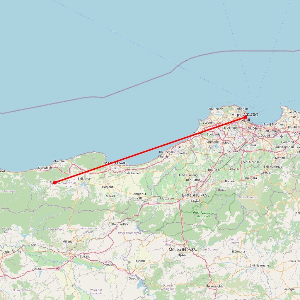 Carte de l'itinéraire du circuit Alger la blanche, escale à Tipaza en Algérie