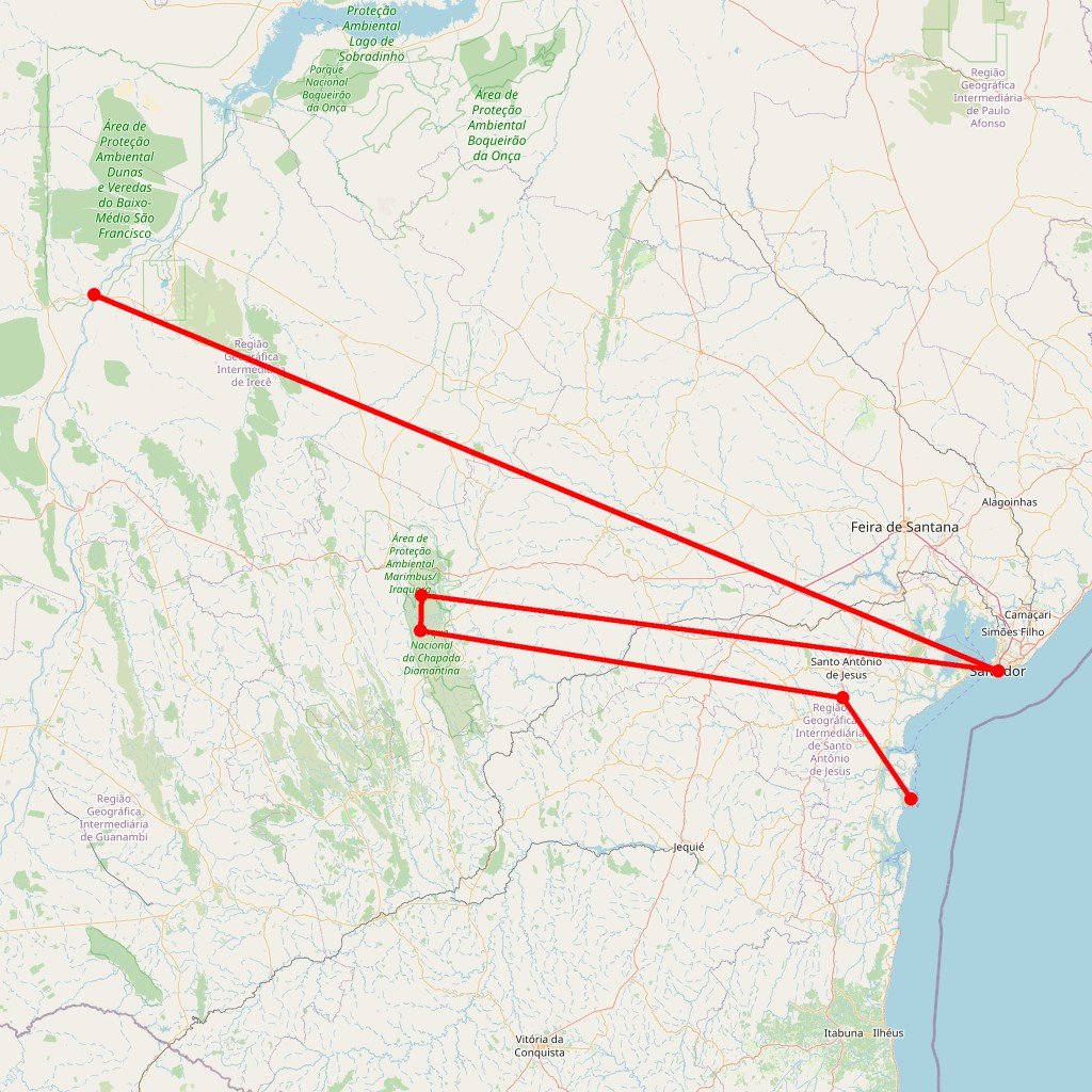 Carte de l'itinéraire du circuit Aventure complète : Salvador, Chapada Diamantina et île préservée de Boipeba en Brésil
