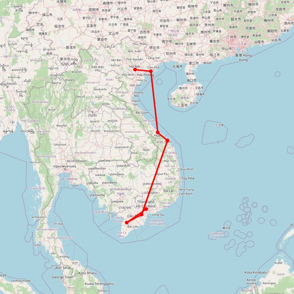 Carte de l'itinéraire du circuit Vietnam en 12 jours : Hanoi, Ha Long, Hué, Hoi An et le Delta du Mékong en Vietnam