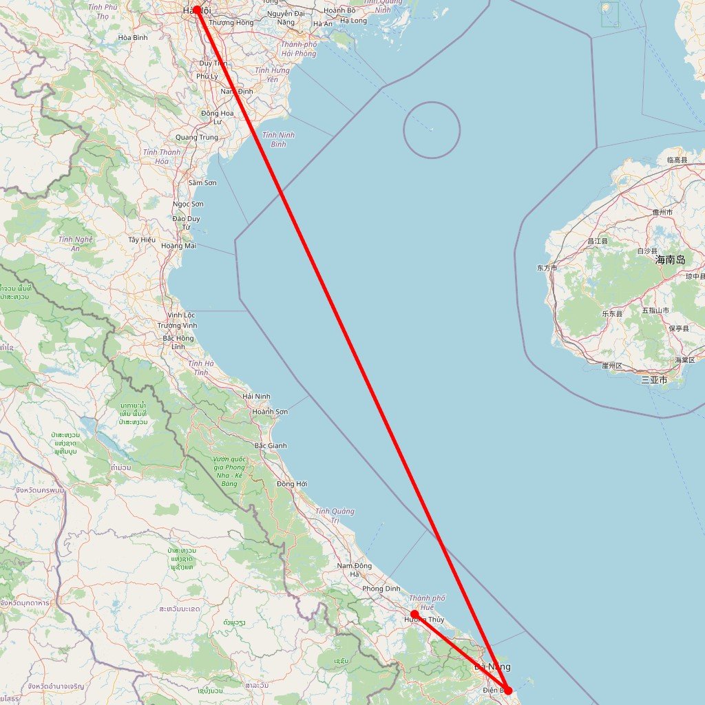 Carte de l'itinéraire du circuit Vietnam Incontournable : Hanoi guidé, croisière en baie d'Halong et découvertes à Hoi An & Hué en Vietnam