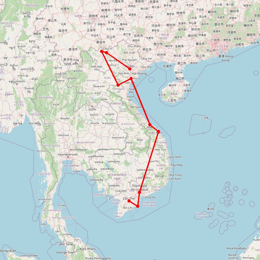 Carte de l'itinéraire du circuit Vietnam, du nord au sud en 3 semaines : trek, trains nocturnes et jonques dans la baie d'Ha Long en Vietnam