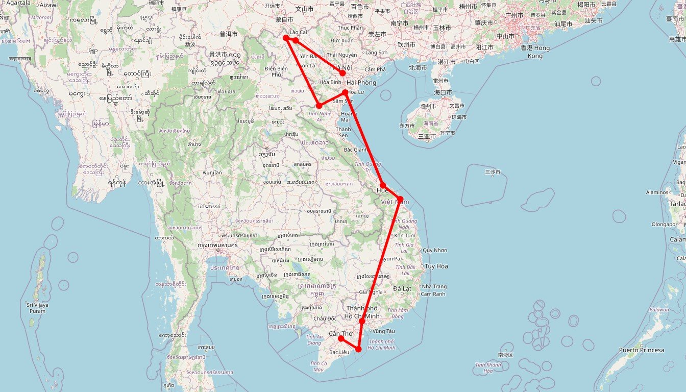 Carte de l'itinéraire du circuit Circuit Vietnam, du nord au sud en 3 semaines : trek, trains nocturnes et jonques dans la baie d'Ha Long en Vietnam