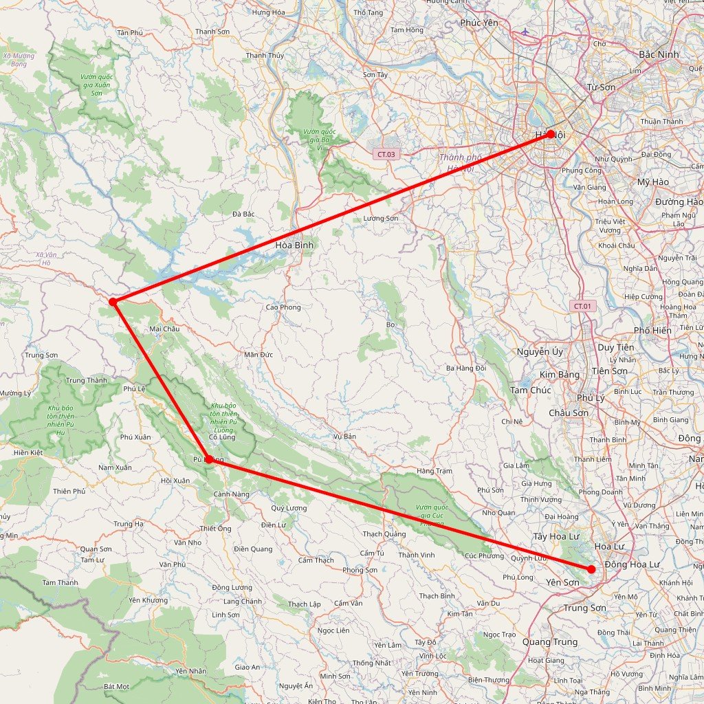Carte de l'itinéraire du circuit Nord Vietnam : à la découverte du pays du Dragon — Hanoi, mai Chau et Pu Luong, et croisière en Baie d'Halong en Vietnam