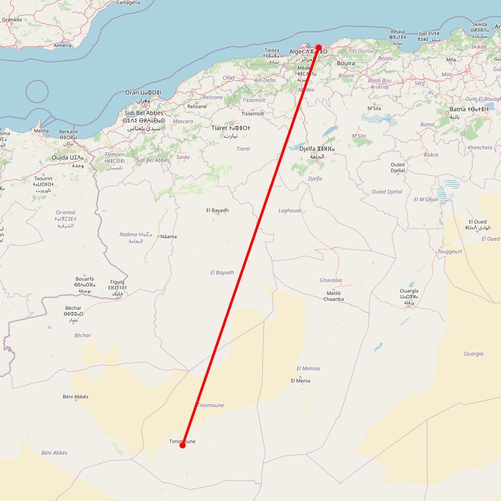 Carte de l'itinéraire du circuit Timimoune : escale à l’oasis rouge en Algérie