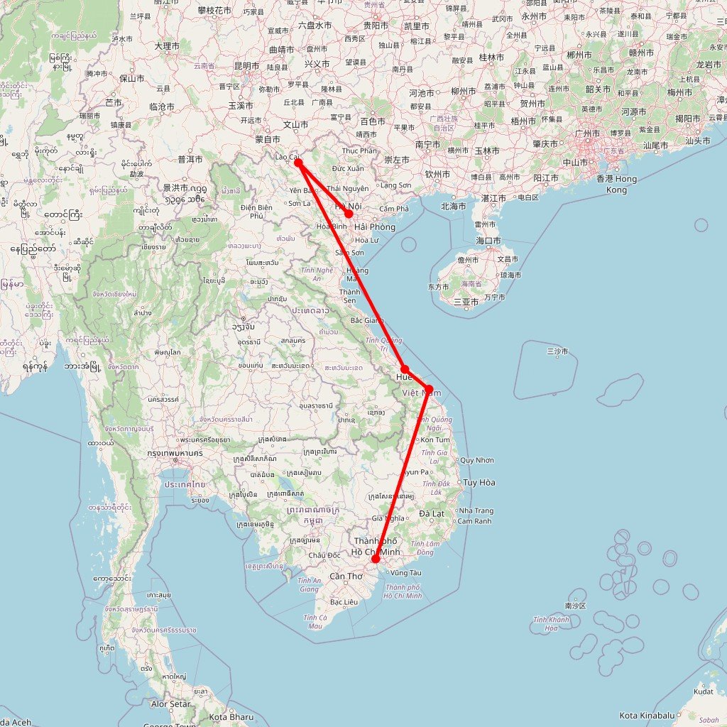 Carte de l'itinéraire du circuit Haut Tonkin, Annam et Cochinchine. Les incontournables du Vietnam, du nord au sud, hors des sentiers battus et en petit groupe en Vietnam