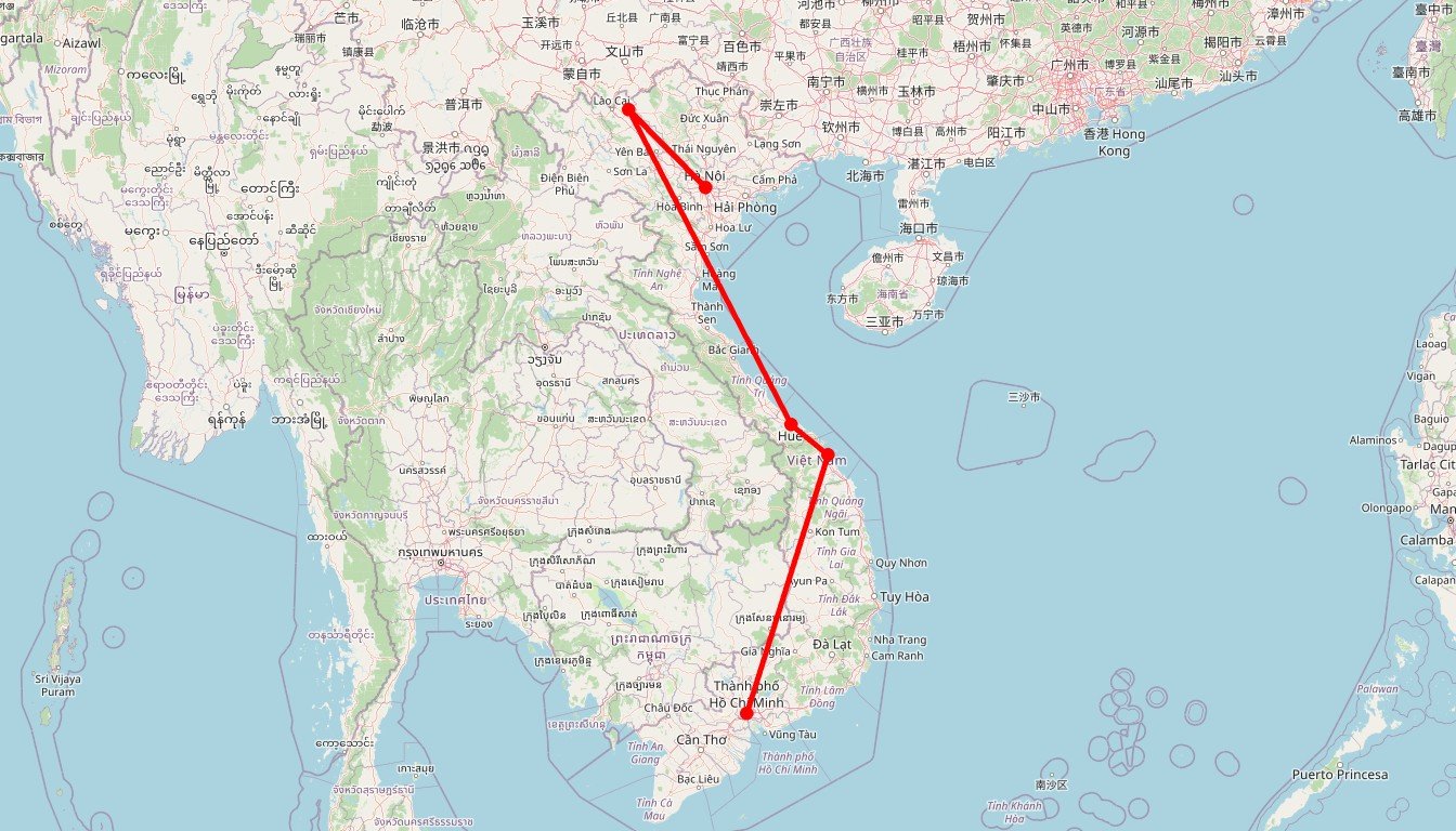 Carte de l'itinéraire du circuit Circuit Haut Tonkin, Annam et Cochinchine. Les incontournables du Vietnam, du nord au sud, hors des sentiers battus et en petit groupe en Vietnam